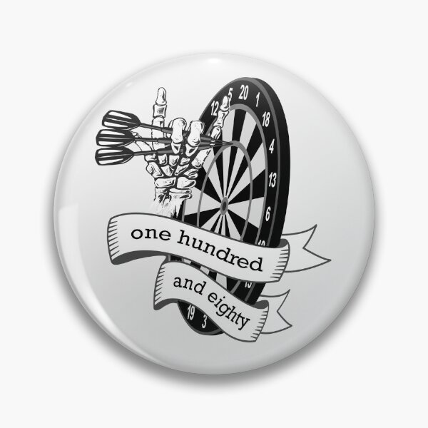 Item preview, Dart, dart board with banner saying one hundred and eighty, skeleton hand puts 3 darts in triple 20, for dart players dart fans designed and sold by ChrUzDesigner.