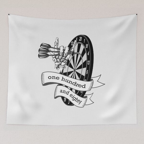 Item preview, Dart, dart board with banner saying one hundred and eighty, skeleton hand puts 3 darts in triple 20, for dart players dart fans designed and sold by ChrUzDesigner.