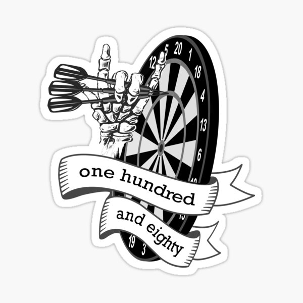 "Dart, dart board with banner saying one hundred and eighty, skeleton
