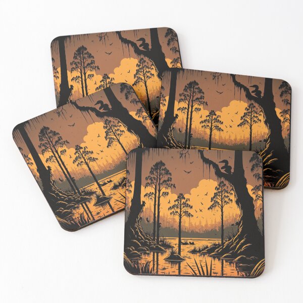 Item preview, A stunning vector illustration of a Louisiana swamp at sunset surrounded by cypress trees designed and sold by DSAHART.