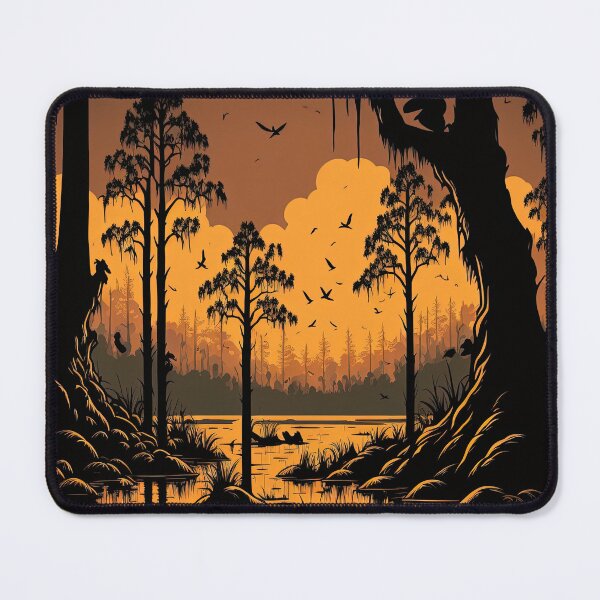 Item preview, A stunning vector illustration of a Louisiana swamp at sunset surrounded by cypress trees designed and sold by DSAHART.