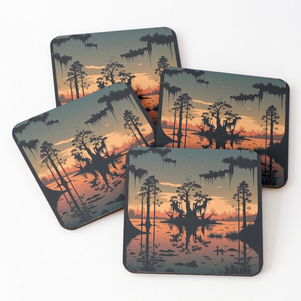 Item preview, A stunning vector illustration of a Louisiana swamp at sunset surrounded by cypress trees designed and sold by DSAHART.