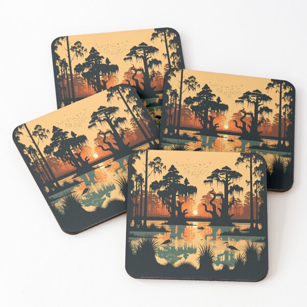 Item preview, A stunning vector illustration of a Louisiana swamp at sunset surrounded by cypress trees designed and sold by DSAHART.