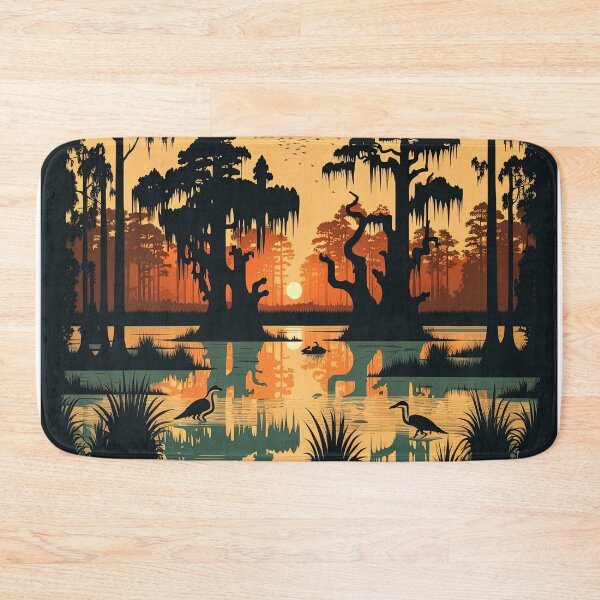 Item preview, A stunning vector illustration of a Louisiana swamp at sunset surrounded by cypress trees designed and sold by DSAHART.