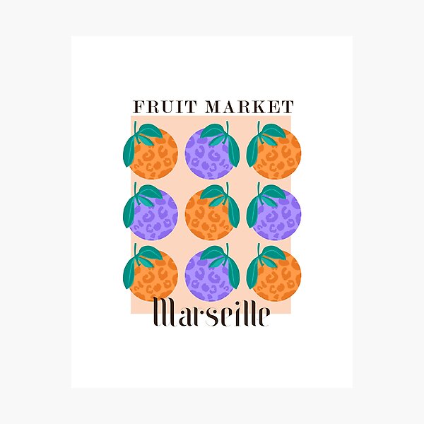 Obstmarkt Marseille Wilder Flieder und Orange Tiermuster Zitrusfrüchte Fotodruck