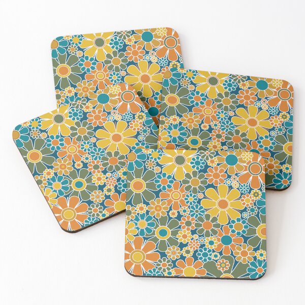 Item preview, Retro Garden Flowers Groovy Floral 60s 70s Pattern in Moroccan Teal Blue, Orange, Olive Green, Orange, Mustard Yellow, and White designed and sold by kierkegaard.