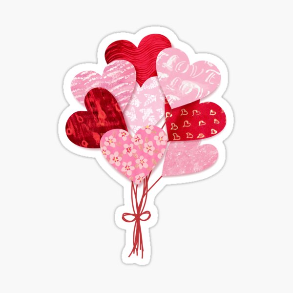 Pink and Red Textured Paper Heart Balloon Bouquet Sticker