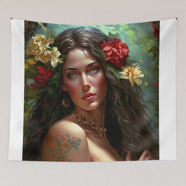 Item preview, Beautiful Woman in a Jungle Paradise Surrounded with Flowers - Original Artwork designed and sold by CloudofKnowing.