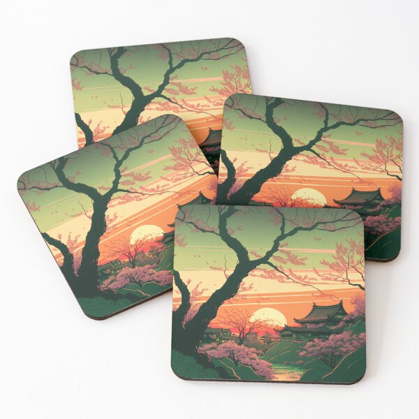 Item preview, Cherry Blossom Trees Sunset-colored Sky Japanese Woodblocks designed and sold by ArtsyTreasures.