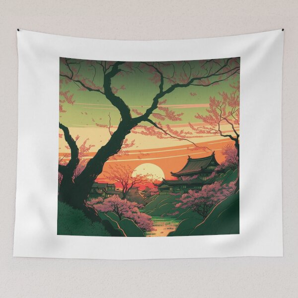 Item preview, Cherry Blossom Trees Sunset-colored Sky Japanese Woodblocks designed and sold by ArtsyTreasures.