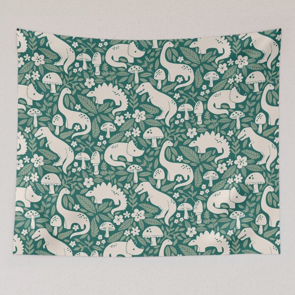 Item preview, Dinosaurs + Mushrooms Pine Green designed and sold by latheandquill.