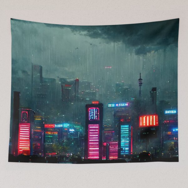 Item preview, Rain Storm - Cyberpunk Skyline Cityscape designed and sold by ArkMinted.