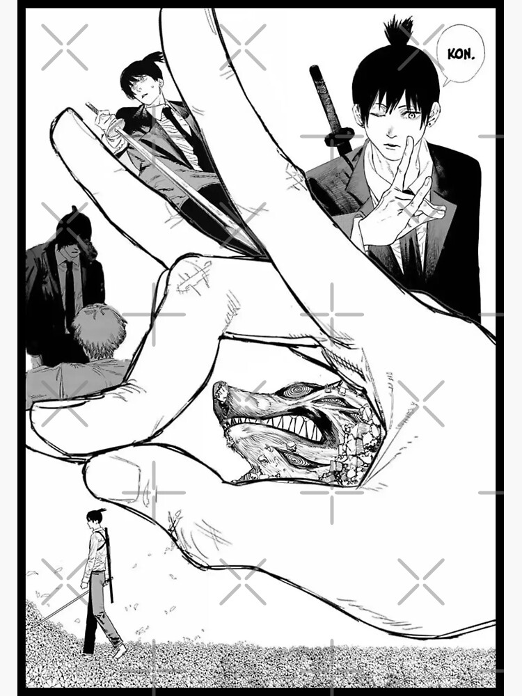 "Aki Hayakawa Chainsaw Man "Kon" Graphic Black and White Manga Panel