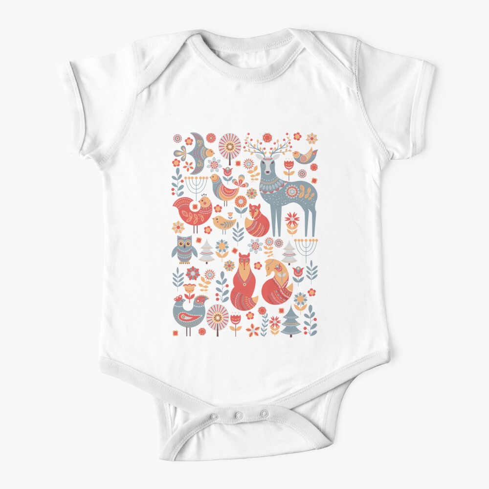 Seamless pattern with winter forest, deer, owl and Fox. The Scandinavian style. Baby One-Piece