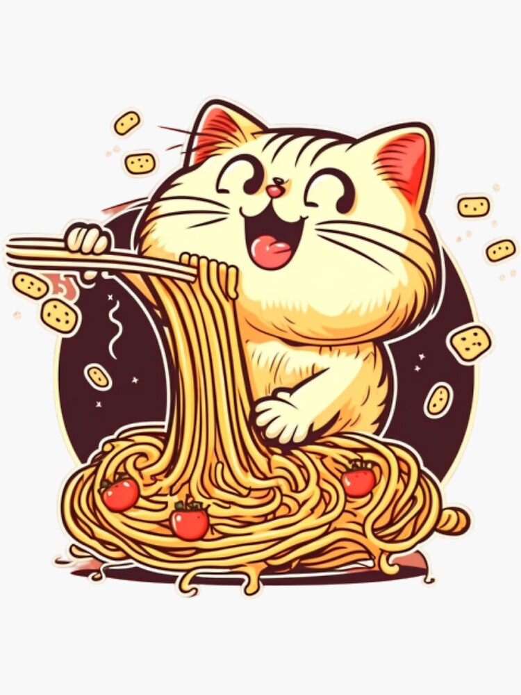 Kawaii Cat Eating Spaghetti' Sticker