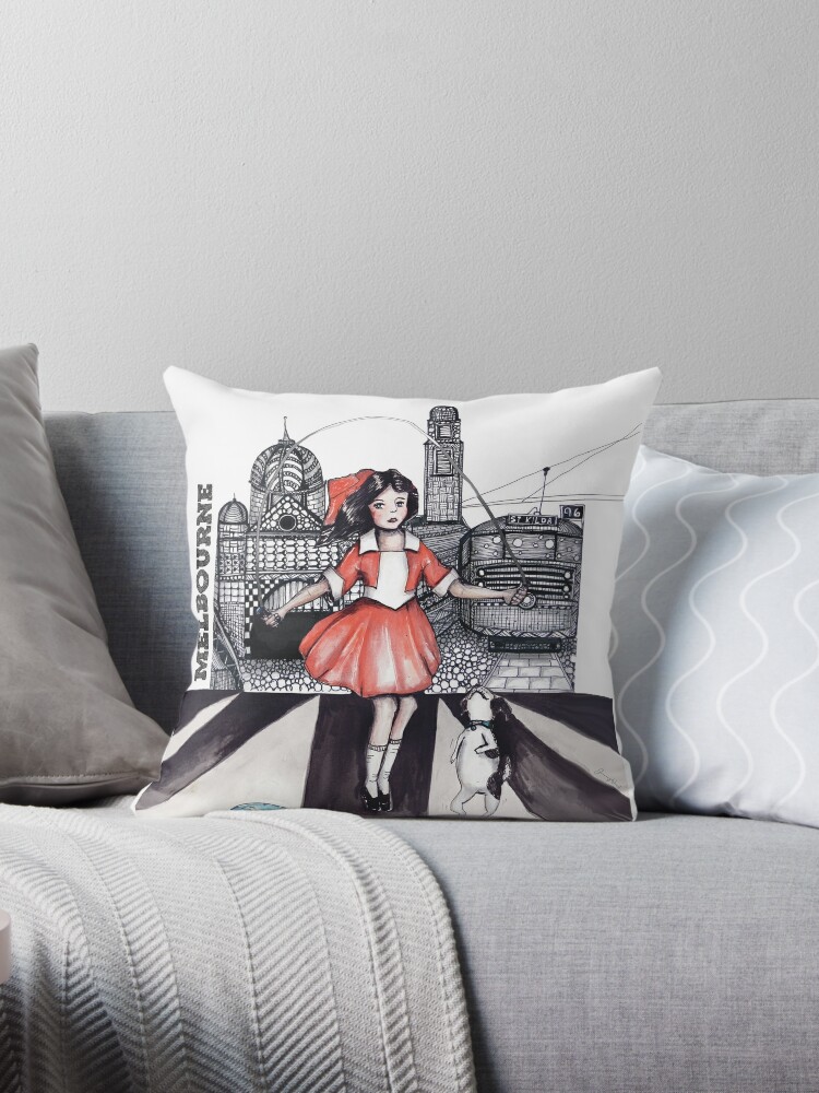 Throw Pillow, Skipping girl Melbourne designed and sold by Jenny Wood