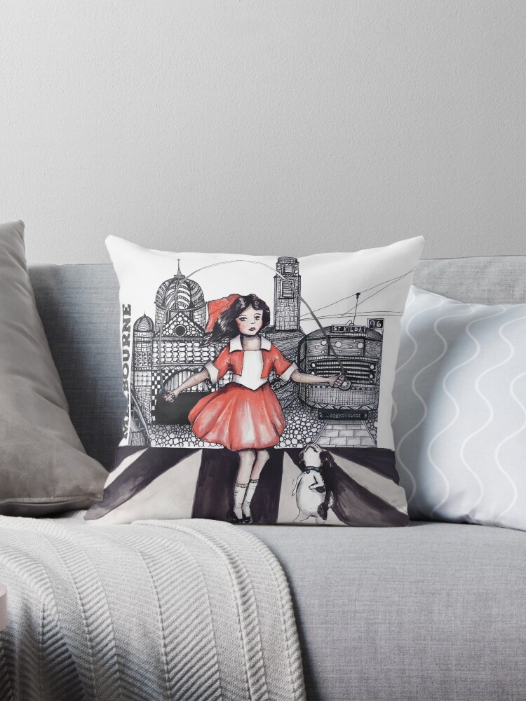 Thumbnail 1 of 4, Pillow, Skipping girl Melbourne designed and sold by dishmoptop.