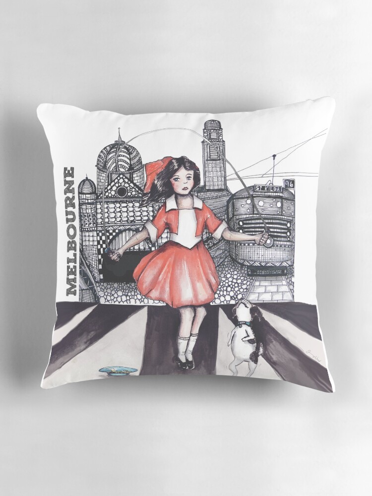 Thumbnail 3 of 4, Pillow, Skipping girl Melbourne designed and sold by dishmoptop.