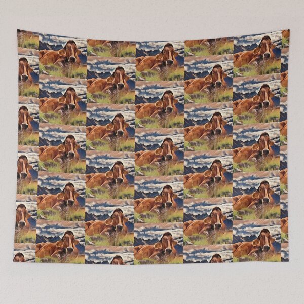 Item preview, Beautiful Big brown cow resting at the top of a mountain designed and sold by FarmsteadAcers.