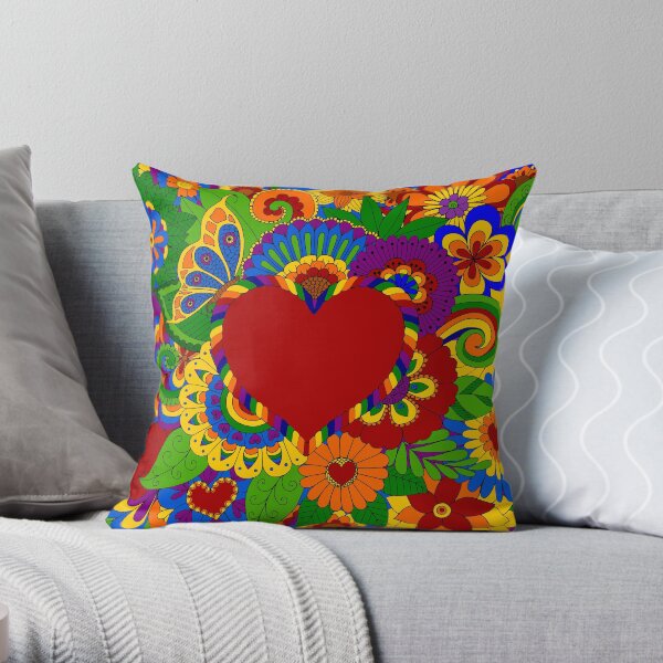 Rainbow Flowers and Hearts Art Throw Pillow