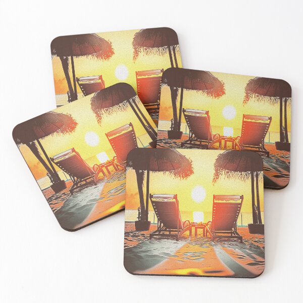 Item preview, Relax in Paradise  Pair of Sun Loungers with Umbrella under Palm Tree at Stunning Tropical Sunset designed and sold by Trendy Valley .