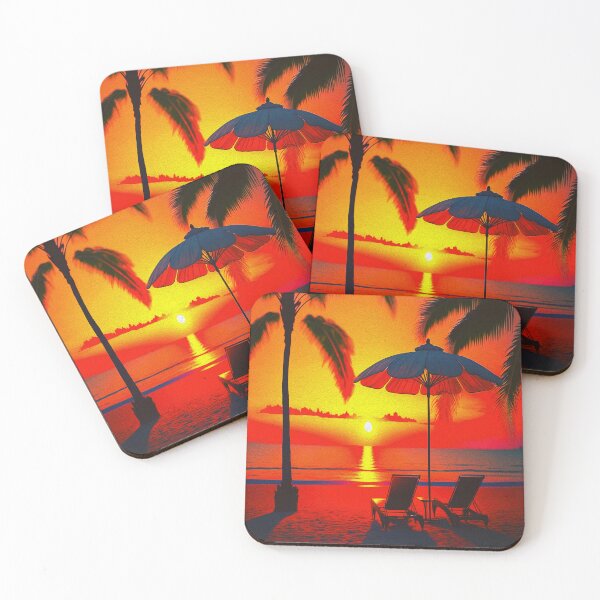 Item preview, Tropical Sunset Oasis Pair of Sun Loungers with Umbrella under Palm Tree designed and sold by Trendy Valley .