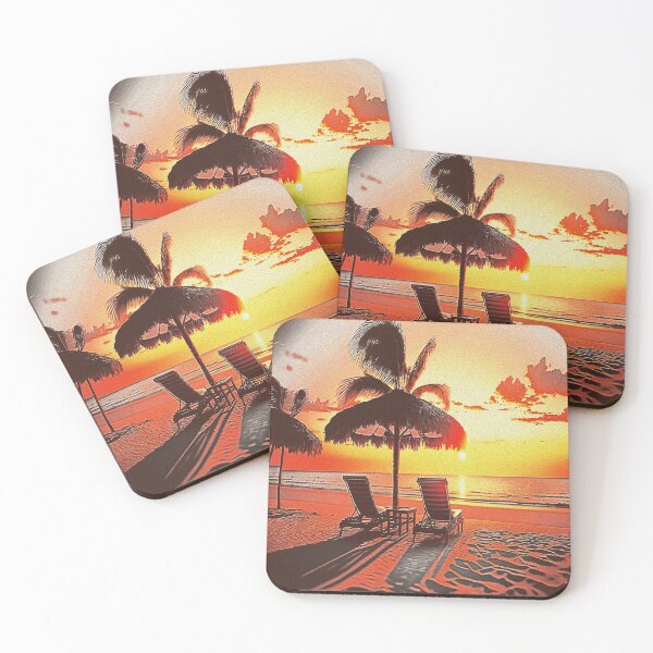 Item preview, Tropical Sunset Escape  Pair of Sun Loungers with Stunning Beach View under Palm Tree designed and sold by Trendy Valley .