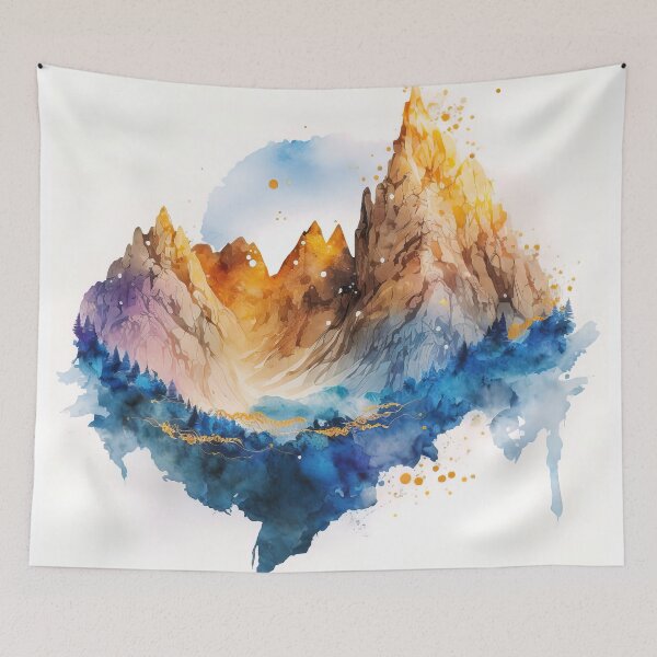 Artikelvorschau, Aquarell Brown-Orange Mountains und ein Navy Blue Forest entworfen und verkauft von MoonFoxDesign.