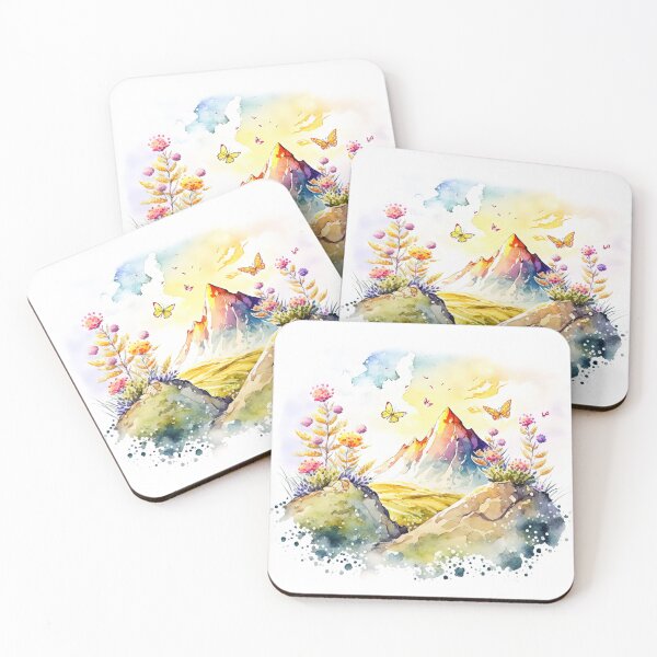 Item preview, Watercolor Floral Landscape with Mointains, Cartoon Style, For Kids designed and sold by MoonFoxDesign.