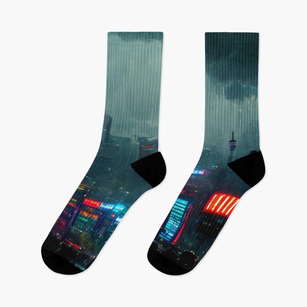 Item preview, Rain Storm - Cyberpunk Skyline Cityscape designed and sold by ArkMinted.