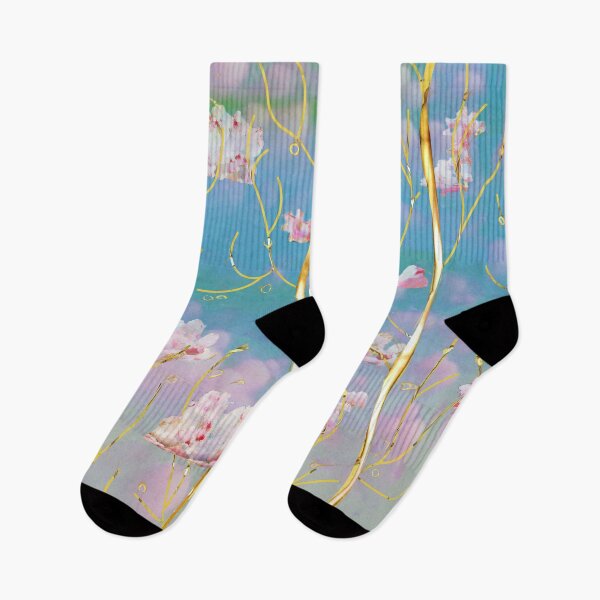 Item preview, sakura, golden trunks, spring dreams, blue pink flowers, vertical stripe designed and sold by Maria Mihailova.