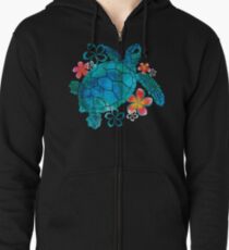 Sea Turtle with Flowers Zipped Hoodie