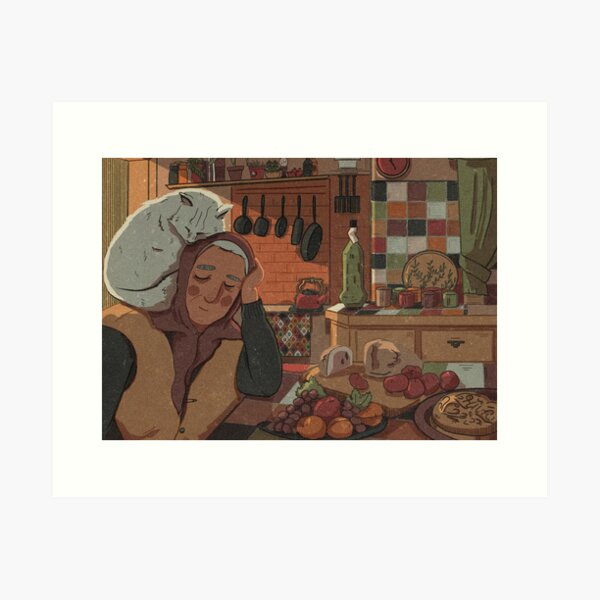 Armenian Grandmother in cute Kitchen with Cat Art Print