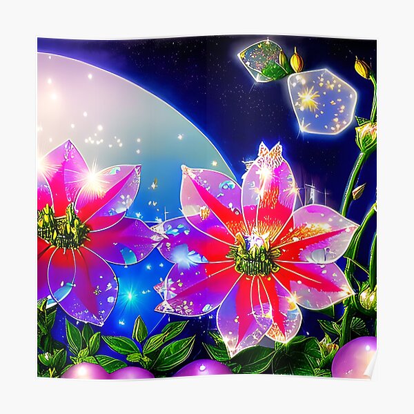 Leuchtende magische Fantasie Blüten 4 Vollmond Poster