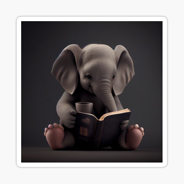 Cute Baby Elephant Reading a Book and Holding a Warm Cup of Coffee Glossy Sticker