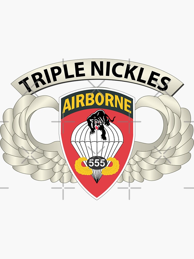 Thumbnail 3 of 3, Sticker, Army - Airborne Badge - 555th Parachute Infantry Bn - SSI w Triple Nickles Tab X 300 designed and sold by twix123844.