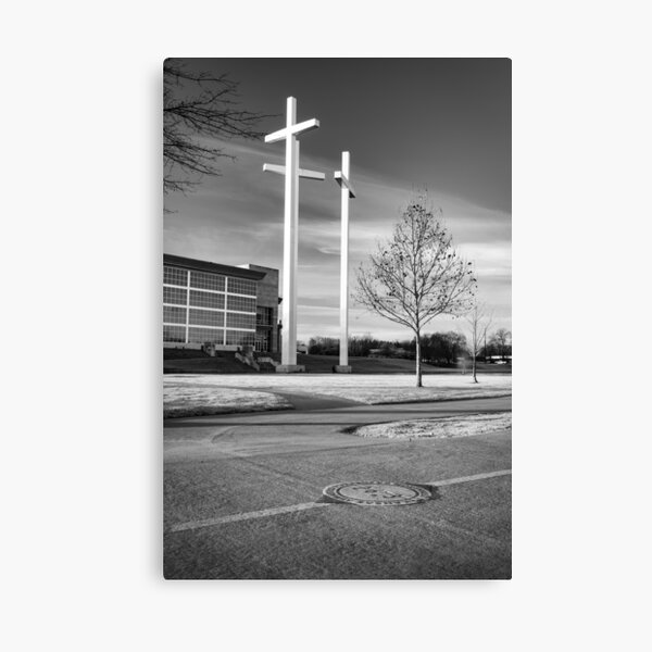 Item preview, Sunrise At the Crosses Along The Arkansas Razorback Greenway - Black And White designed and sold by Gregory Ballos.