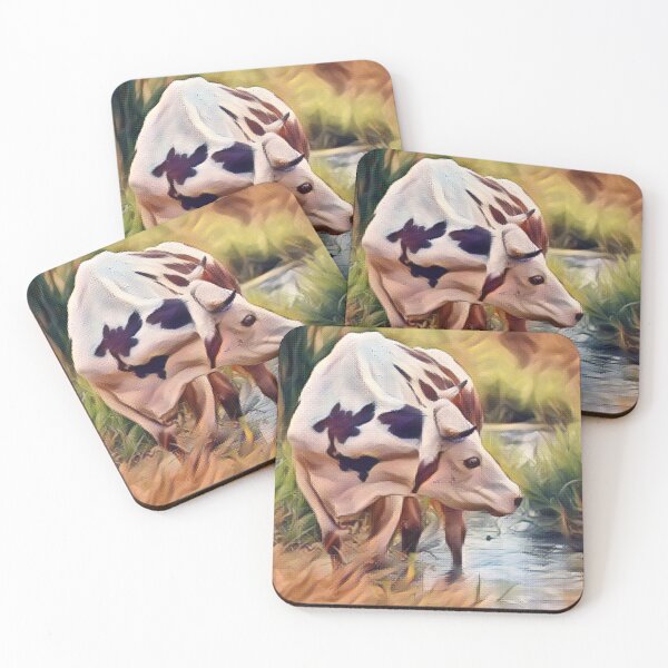Item preview, Brown and white farm cow walking through the creek bed designed and sold by FarmsteadAcers.