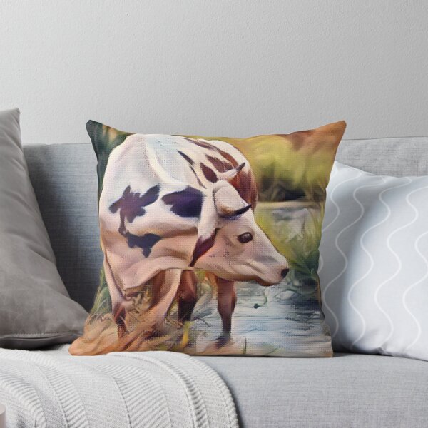 Item preview, Brown and white farm cow walking through the creek bed designed and sold by FarmsteadAcers.