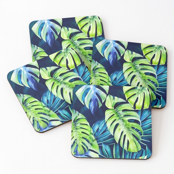 Item preview, Blue Monstera Tropical Leaves Watercolor Art designed and sold by Ascooepics.