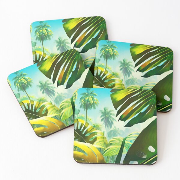 Item preview, exotic jungle landscape with palm trees and monstera leaves designed and sold by Ascooepics.