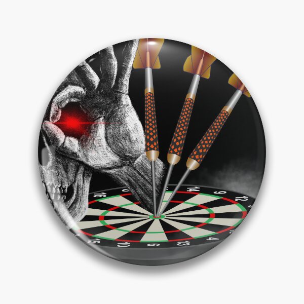 Item preview, Dart, skull, dartboard with darts, gothic skeleton hand puts 3 darts in bullseye, for dart players, dart fans designed and sold by ChrUzDesigner.