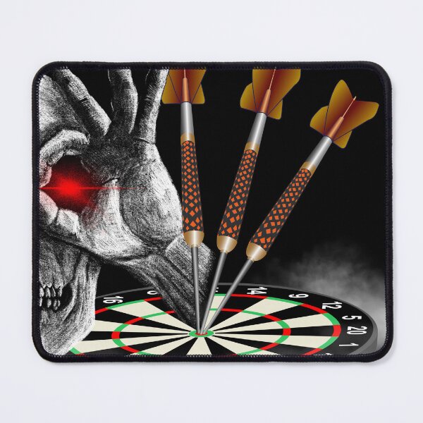 Item preview, Dart, skull, dartboard with darts, gothic skeleton hand puts 3 darts in bullseye, for dart players, dart fans designed and sold by ChrUzDesigner.