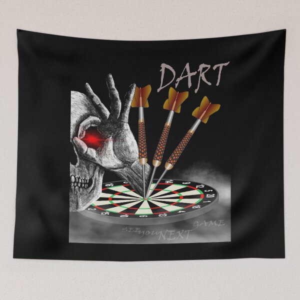 Item preview, Dart, skull, dartboard with darts, gothic skeleton hand puts 3 darts in bullseye, for dart players, dart fans designed and sold by ChrUzDesigner.