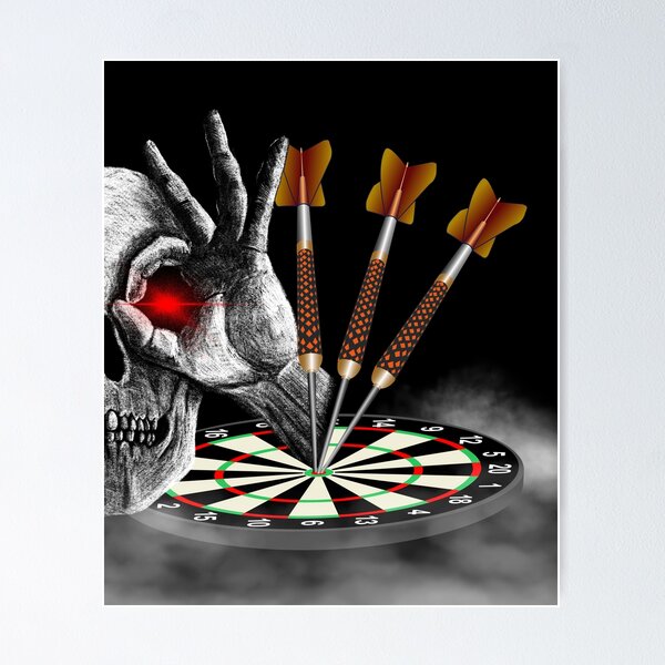 Artikel-Vorschau von Dart, Skull, Dartscheibe mit Dartpfeilen, Gothic Skeletthand steckt 3 Dartpfeile in Bullseye, für Dartspieler, Dartfans, designt und verkauft von ChrUzDesigner.