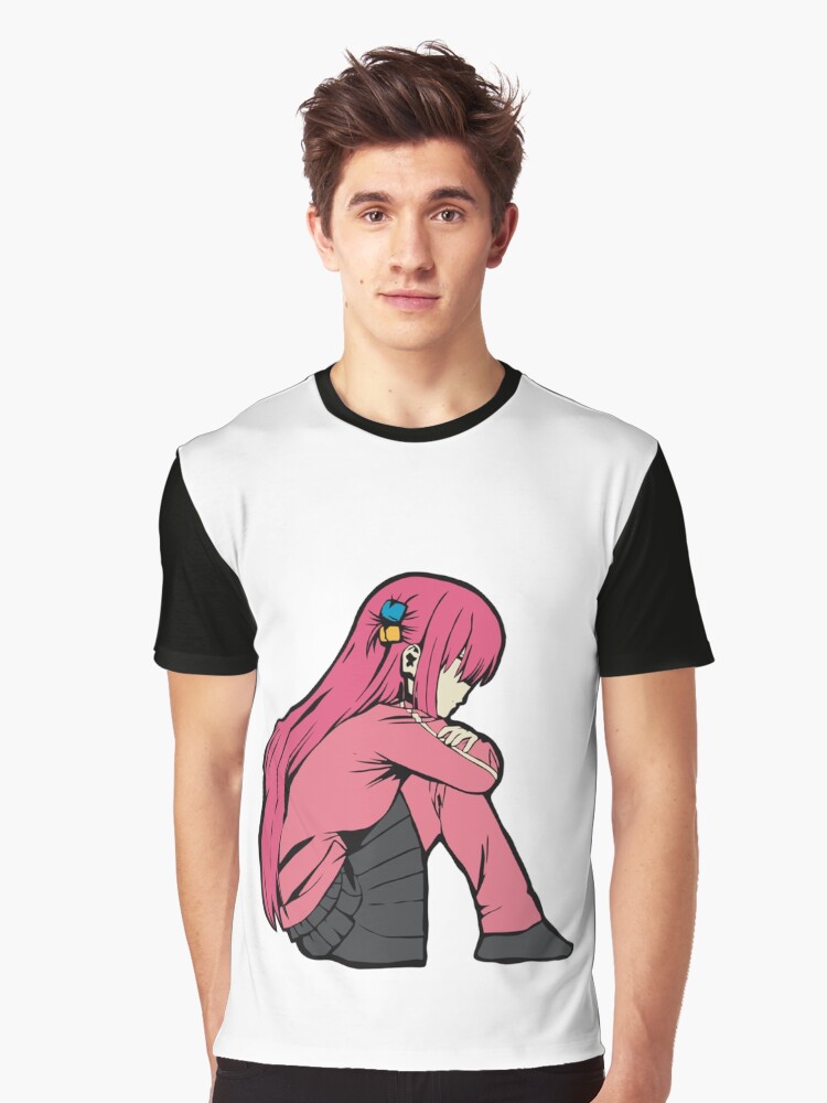 Aperçu 1 sur 5. T-shirt graphique avec l'œuvre Bocchi the Rock un minimaliste Hitori Gotou solitaire créée et vendue par cuthberteugene.