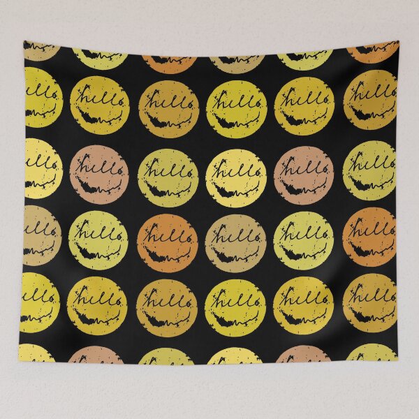 Item preview, Hello Smiley Face Nine Square Eroded and Distorted Black and Yellows Cursive Typography Circle Design designed and sold by SleepingInCo.