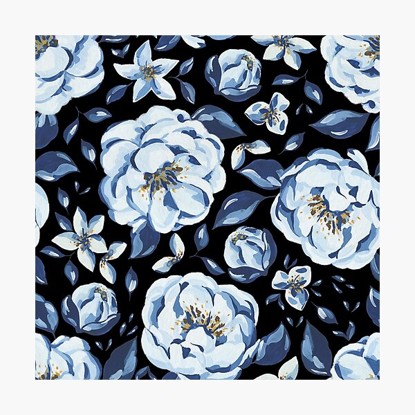 Item preview, Watercolor Blue Floral Repeated Pattern Design Black Background  designed and sold by riceayoj.