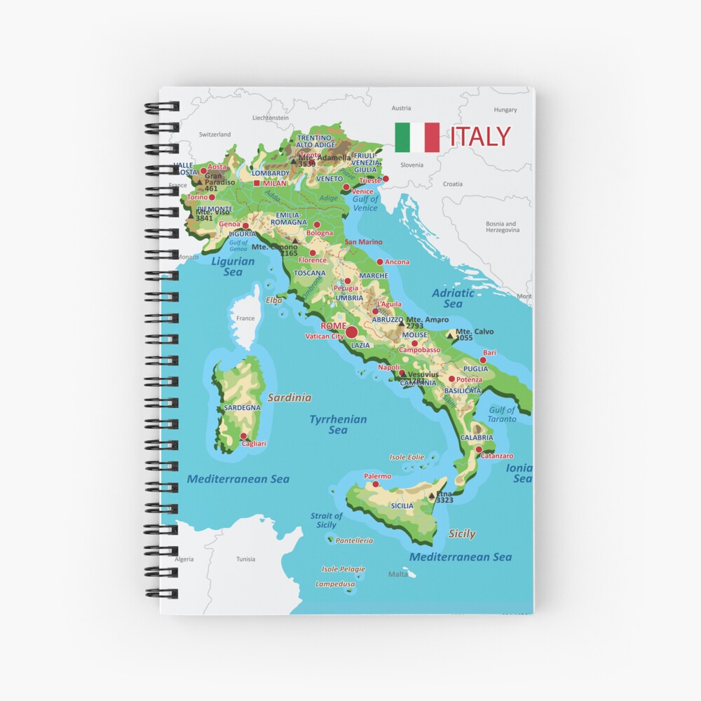 Italy Map With Rivers Lakes And Mountains Spiral Notebook For Sale   Sn,x1000 Pad,1000x1000,f8f8f8.u5 