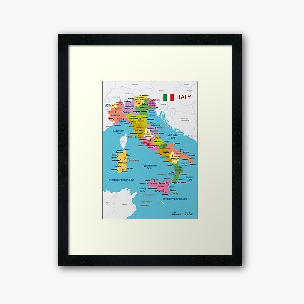 Italy map with regions and main cities Framed Art Print